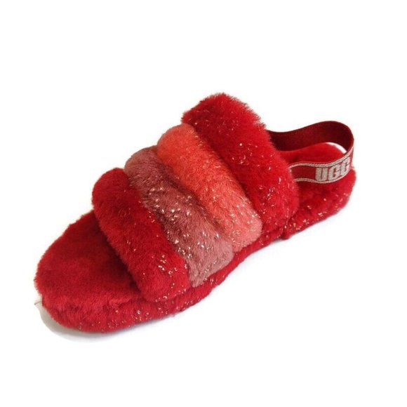 UGG Womens Size 6 Fluff Yeah Metallic Sparkle Slide Backstrap Slippers Red Multi - Picture 3 of 8